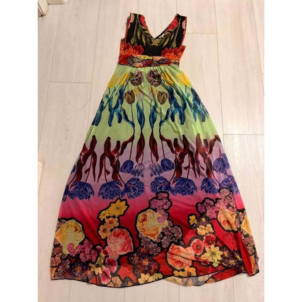 DESIGUAL‎ Helsinki Maxi Dress Sz 38 /  Small Mesh Floral Print Sleeveless Mesh